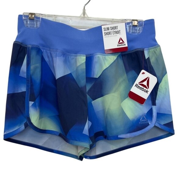 Reebok Womens Slim Fit Geometric Blue Pattern Shorts Size S- NEW - Picture 1 of 7